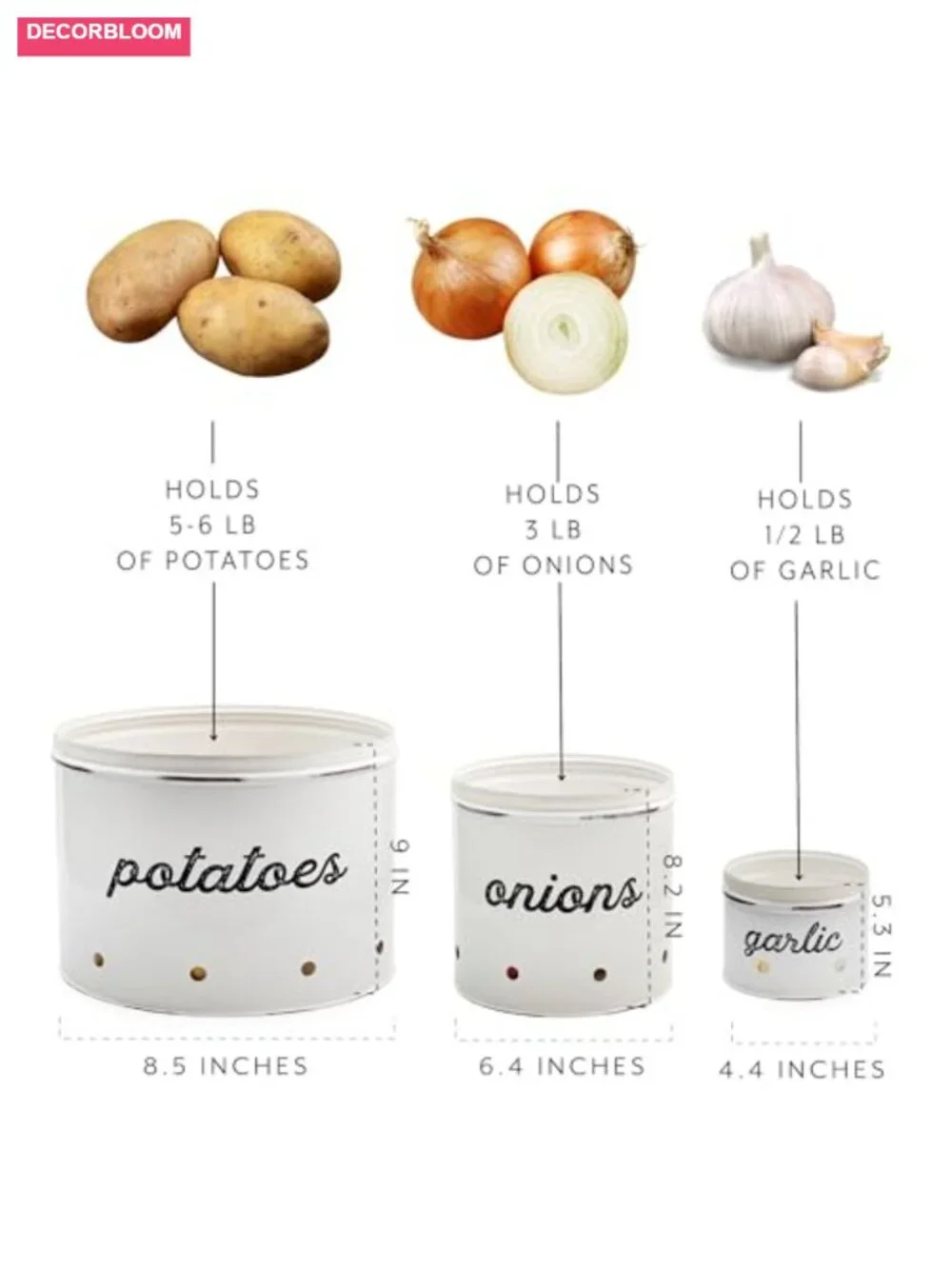 Rustic White Enamelware Potato Onion Garlic Canister Set of 3